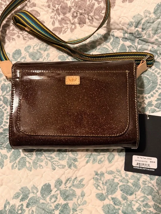 Consuela Ember On the Town Chocolate Brown Sparkle Crossbody with Striped Strap - Picture 2 of 8